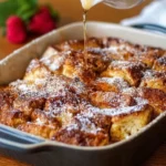 Delicious traditional French toast casserole topped with syrup and berries