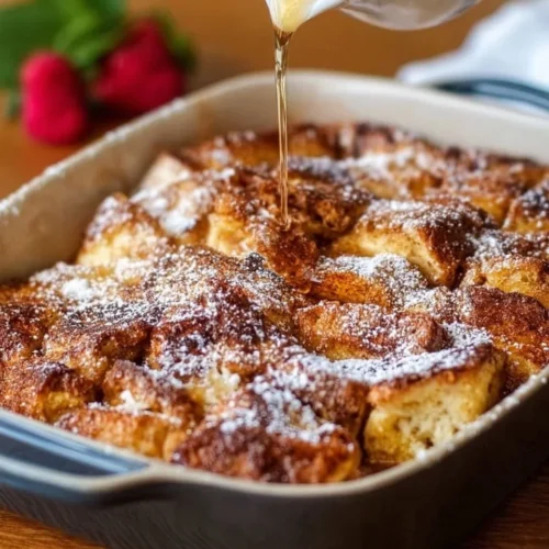 Delicious traditional French toast casserole topped with syrup and berries