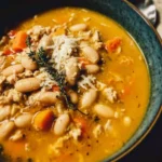 Bowl of Turkey Pumpkin White Bean Chili garnished with cilantro and pumpkin seeds