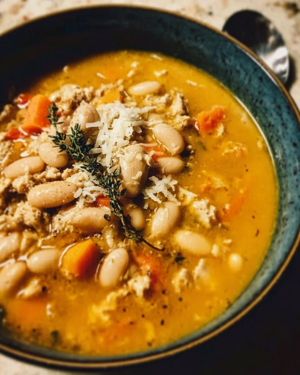 Bowl of Turkey Pumpkin White Bean Chili garnished with cilantro and pumpkin seeds
