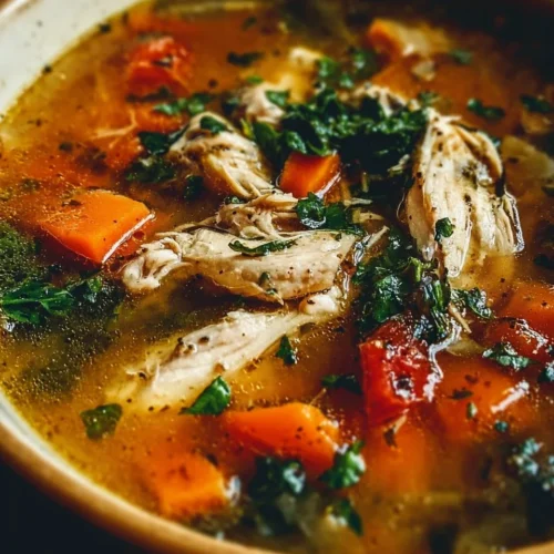 Bowl of Tuscan-Style Chicken Soup with fresh herbs and vegetables