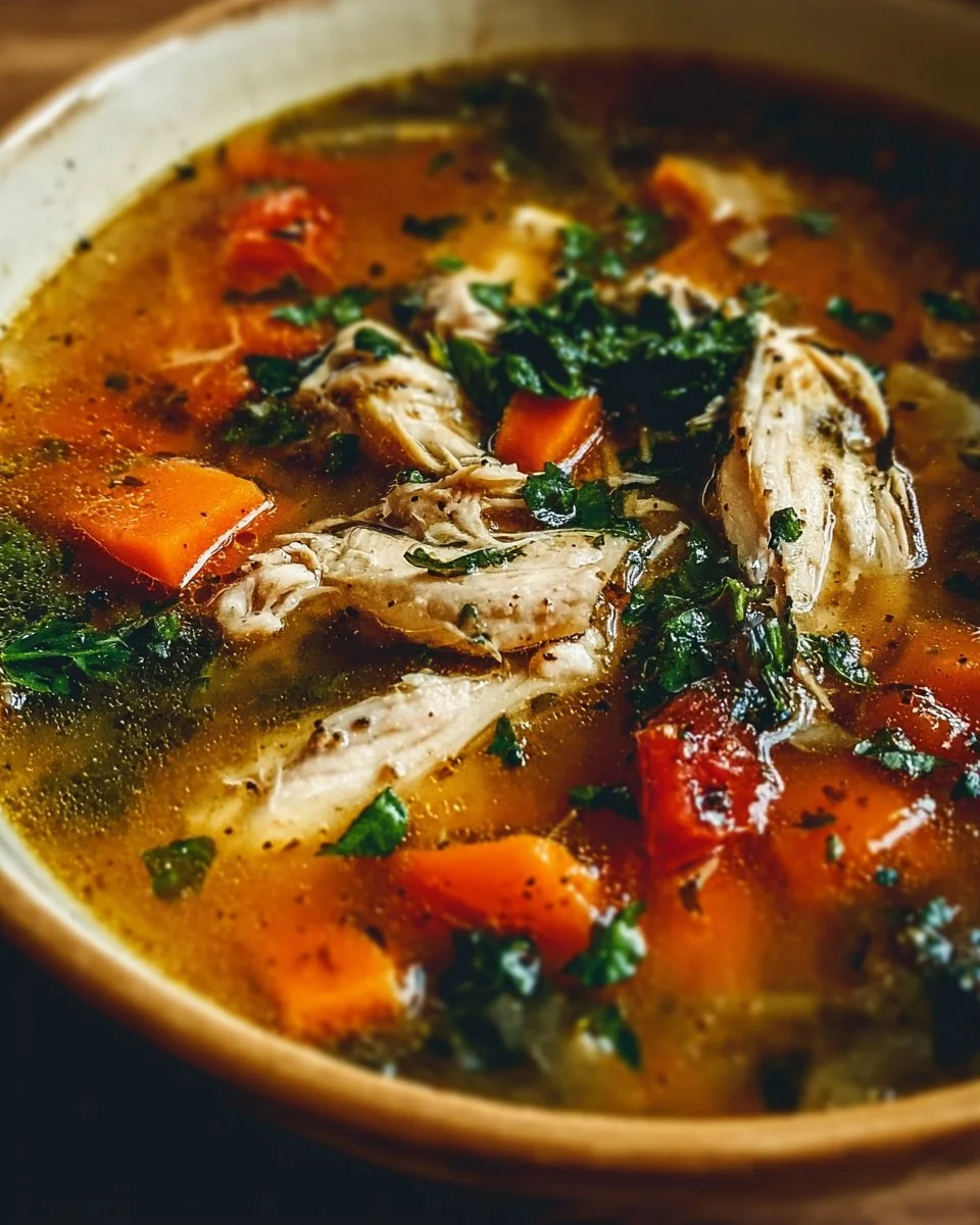 Bowl of Tuscan-Style Chicken Soup with fresh herbs and vegetables