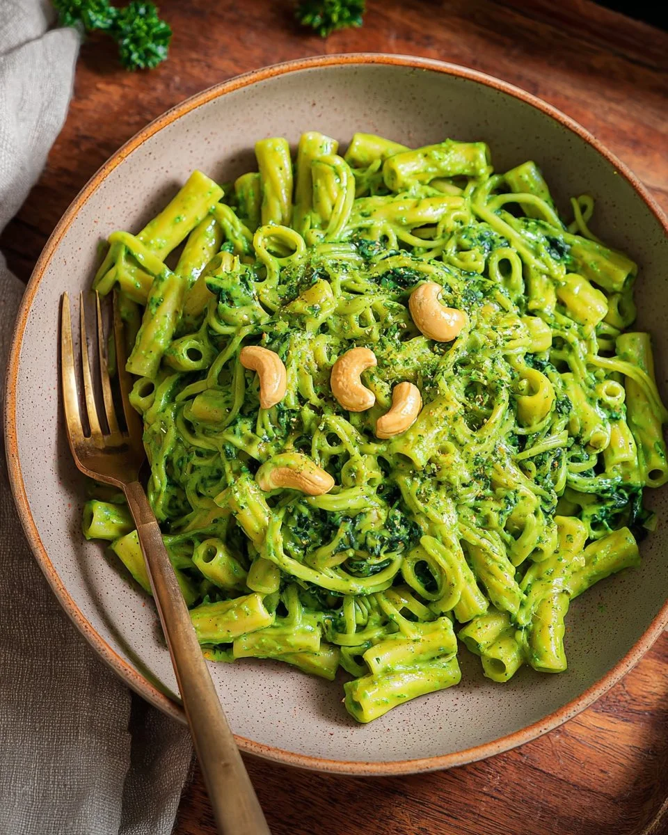 Vegan Creamy Spinach Garlic Pasta with Cashews and Parsley