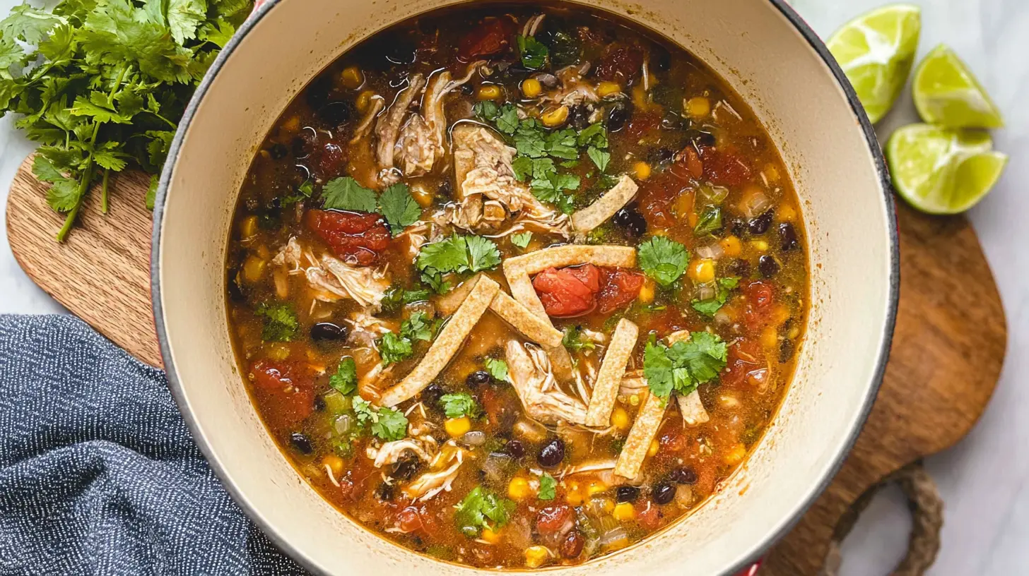 Close-up of a flavorful chicken tortilla soup with avocado slices and a lime wedge.