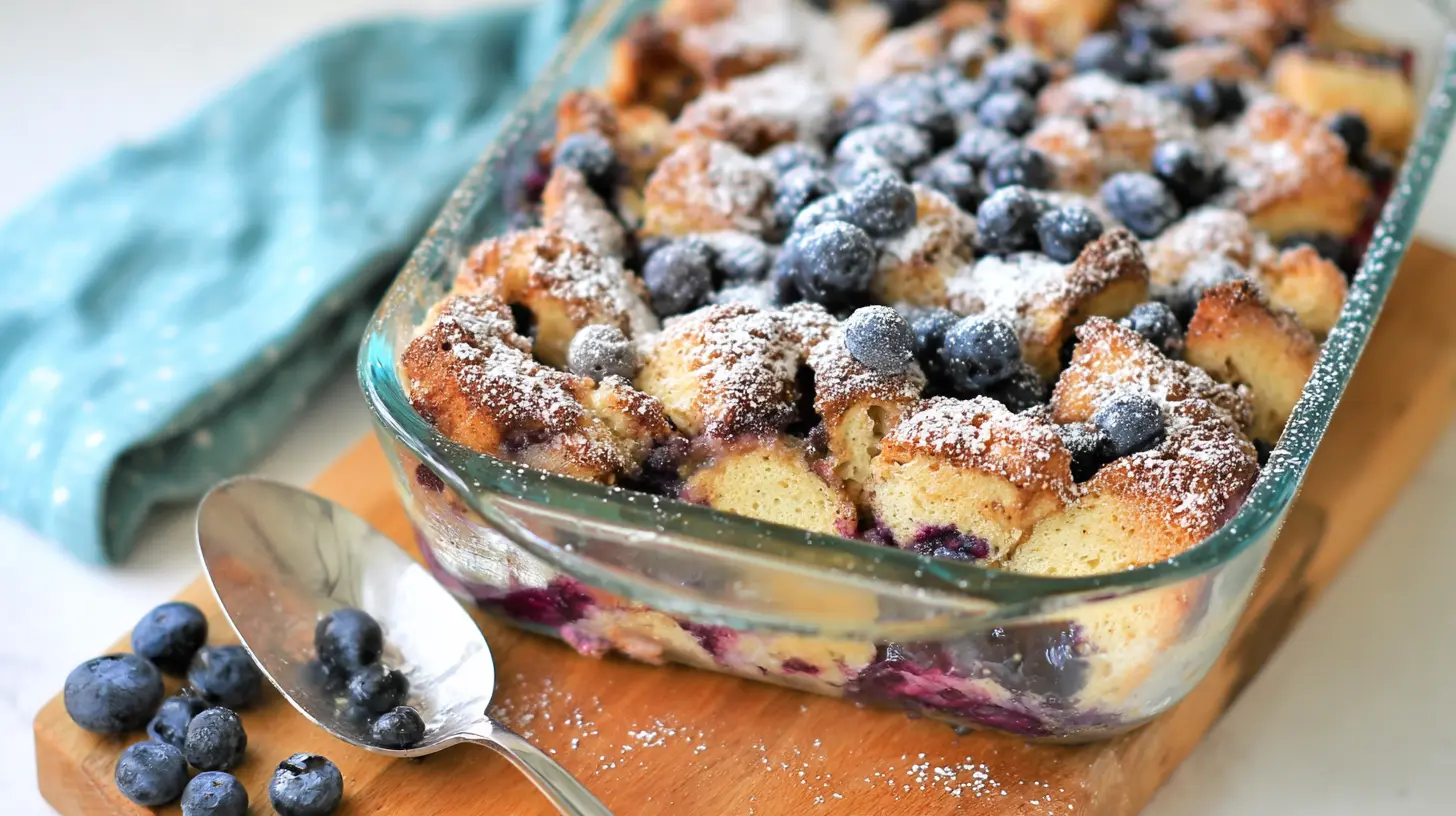 Close-up of baked Blueberry Lemon French Toast Casserole with fresh berries