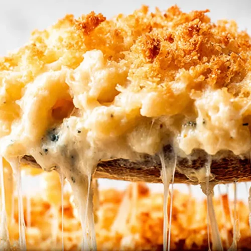 A bubbling casserole dish of baked mac and cheese recipe, fresh from the oven