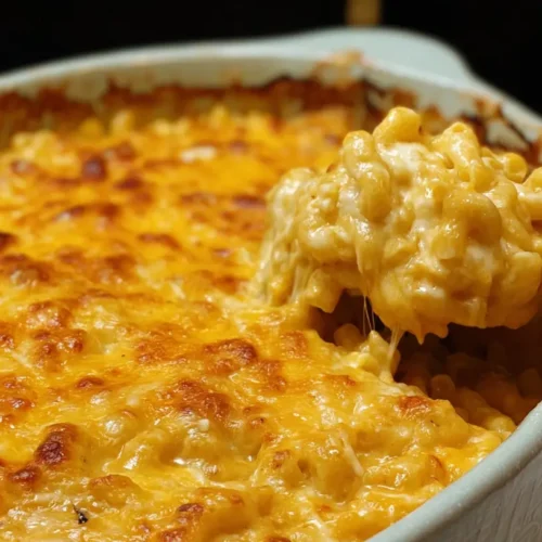A bubbling dish of baked macaroni and cheese fresh from the oven