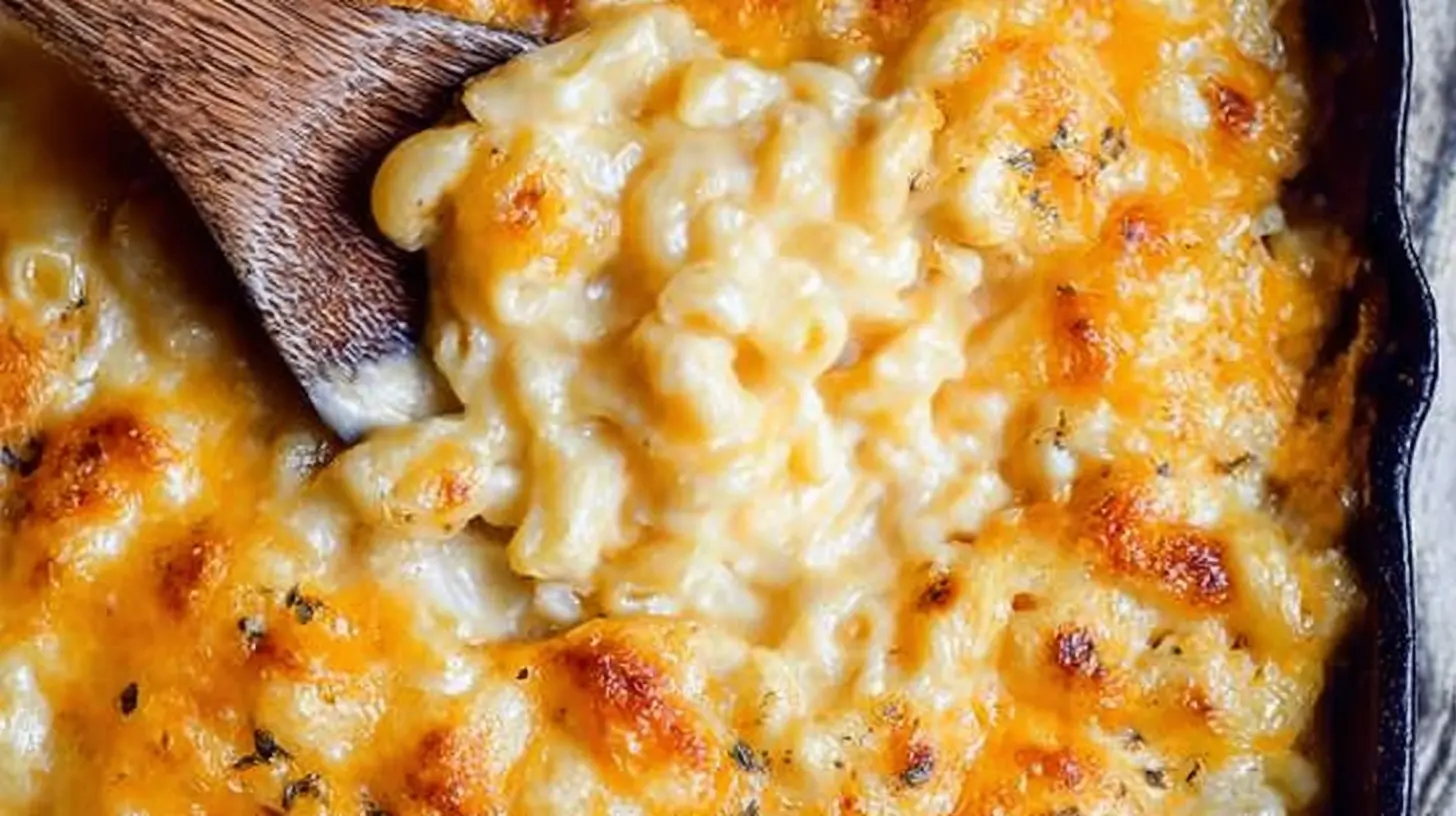 Close-up of a bubbling mac and cheese recipe, fresh from the oven.