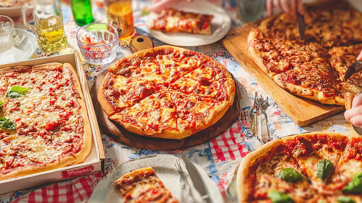 Table spread with different pizzas and drinks for a delicious pizza night