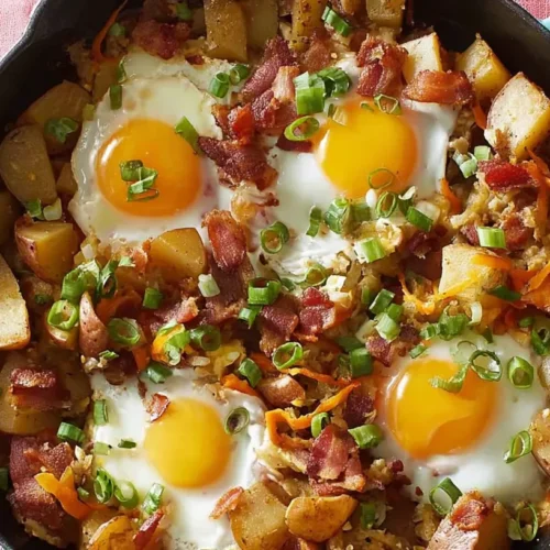 A hearty breakfast skillet filled with eggs, potatoes, and vegetables