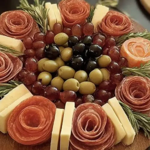 A vibrant charcuterie appetizers spread, perfect for a Christmas food dinner