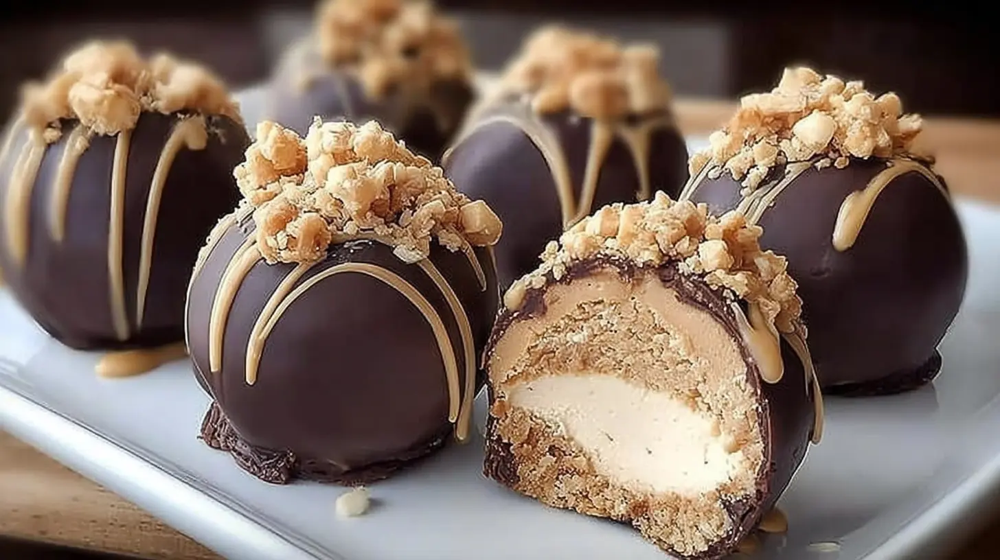 Multiple no-bake peanut butter cheesecake balls coated in chocolate.