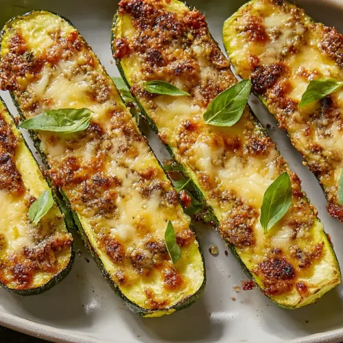 Grilled cheesy garlic zucchini steaks on a baking pan