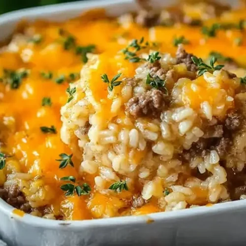 A close-up of a cheesy hamburger rice casserole, bubbling hot from the oven.