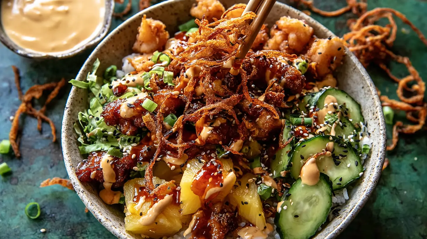 Delicious spicy honey ginger chicken bowls drizzled with yum yum sauce.