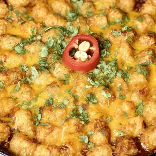 A bubbling chili cheese tater tot casserole, fresh from the oven, with a golden crust.