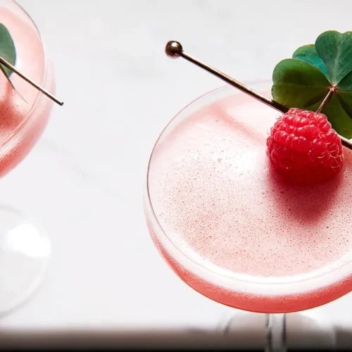 A vibrant pink Clover Club cocktail in a coupette glass, garnished with raspberries.