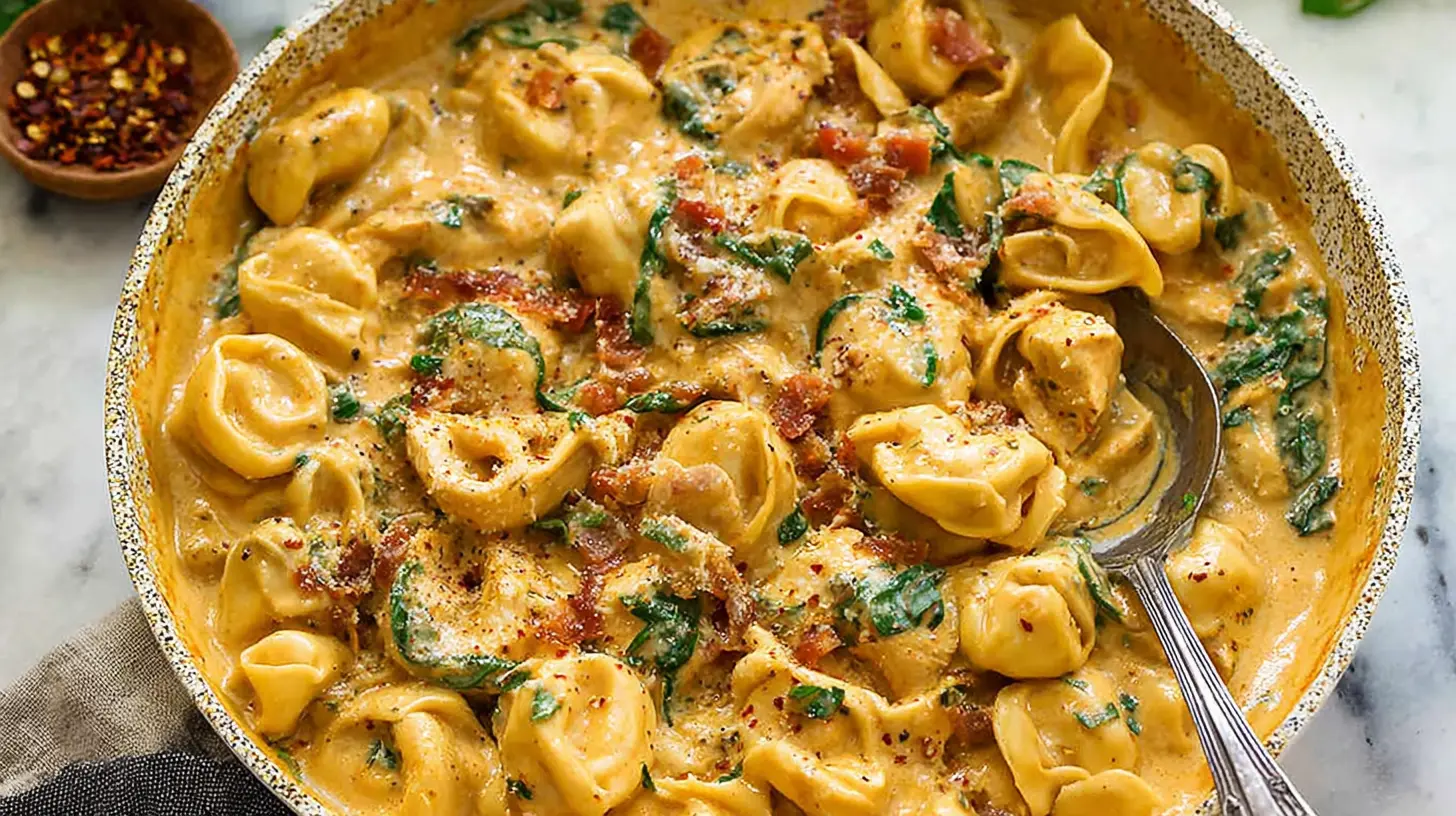 Close-up of marry me tortellini in a rich cream sauce, garnished with herbs