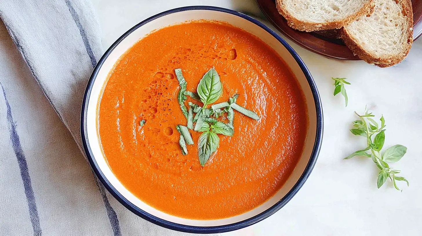 Creamy tomato bisque garnished with fresh herbs in a ceramic bowl.