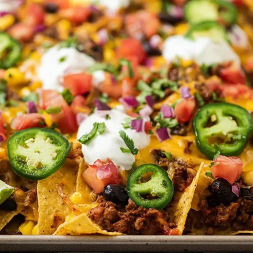 A baking sheet full of loaded nachos being cooked in the oven.