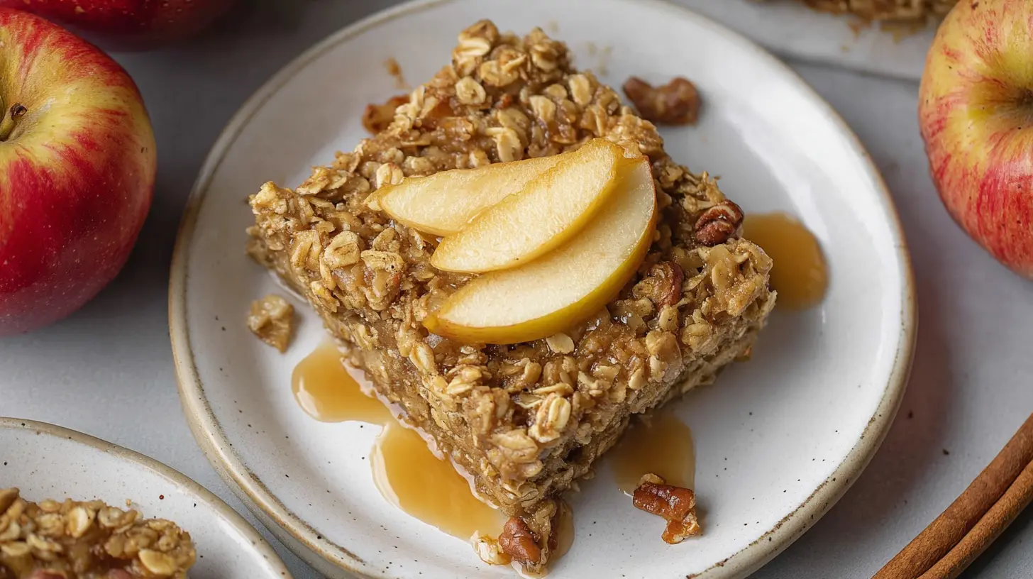 Close-up of a golden-brown oatmeal apple breakfast bake with caramelized apple chunks.