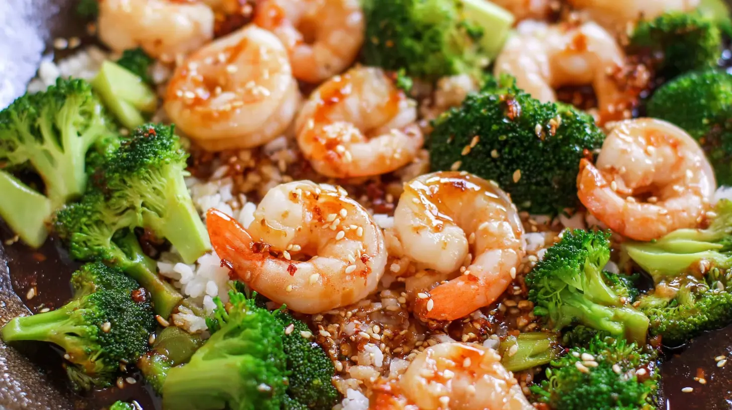 Delicious honey garlic shrimp bowl featuring tender shrimp, rice, and crisp veggies.