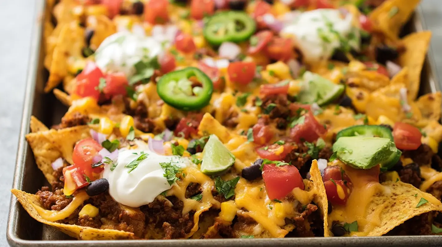 Golden brown tortilla chips with melted cheese baked as nachos in the oven.