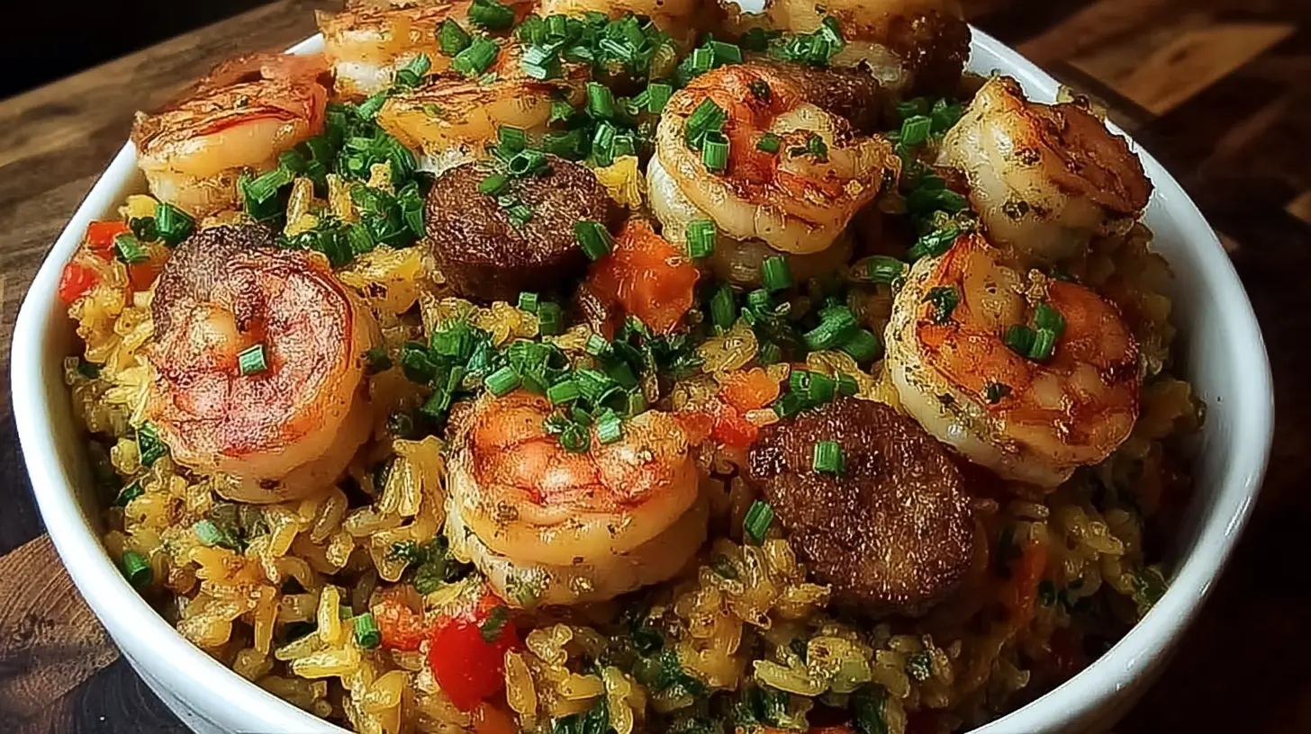 Delicious shrimp dirty rice, freshly cooked in a cast iron skillet, ready to serve.