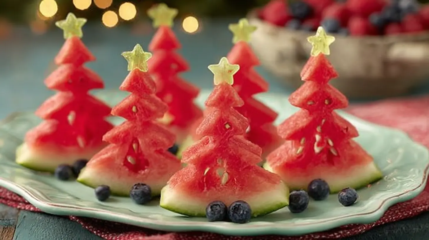 Festive watermelon arranged in the shape of a Christmas tree.