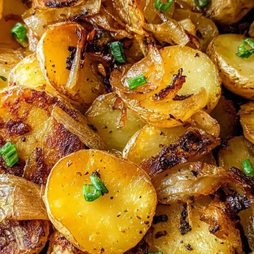 A close-up of golden fried potatoes and onions in a skillet.