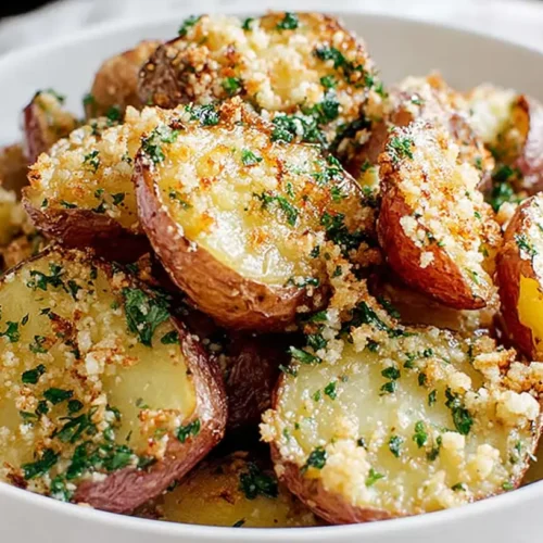Close-up of golden brown garlic parmesan potatoes on a baking sheet.