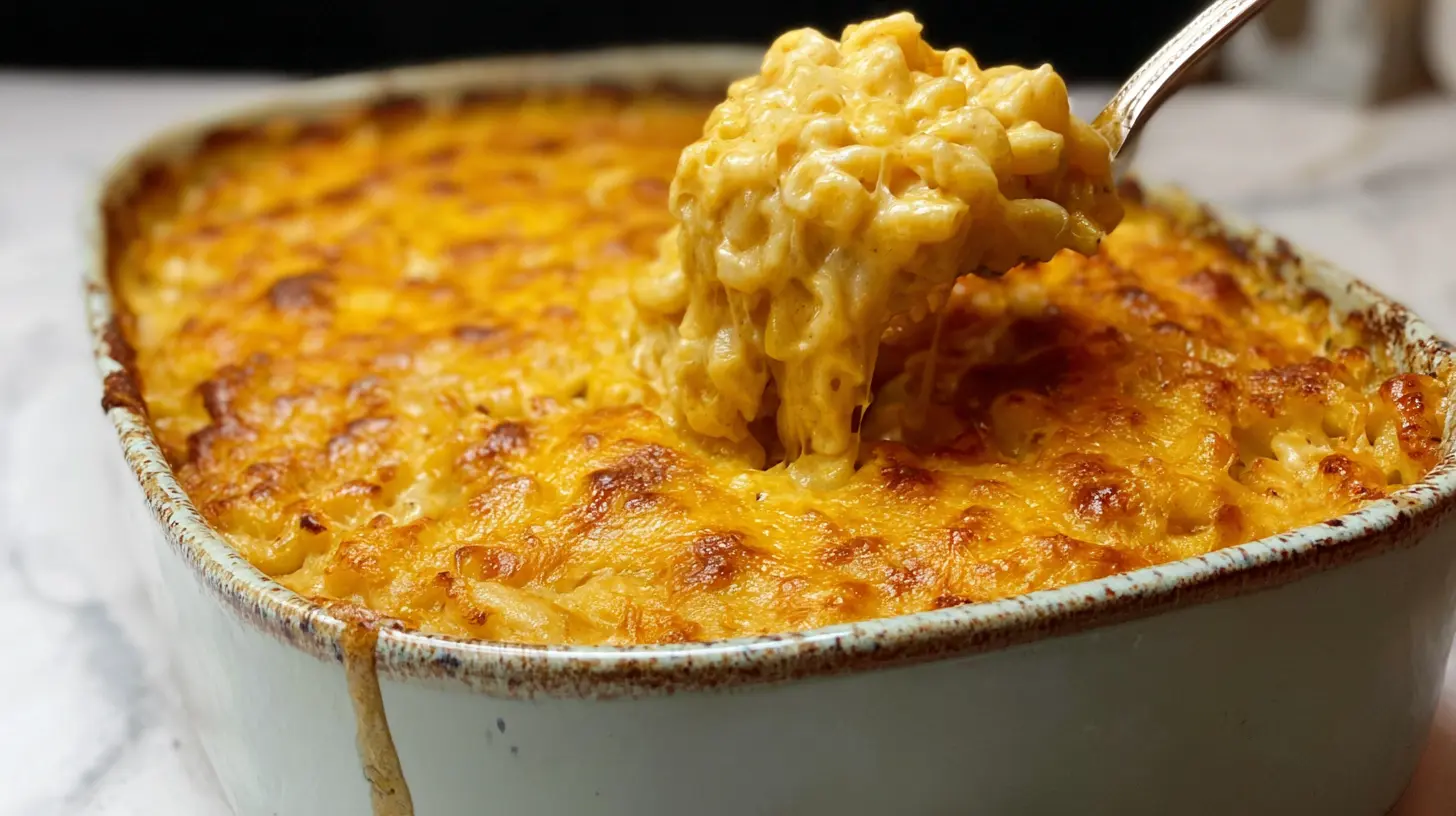 Close-up of golden brown baked macaroni and cheese with a crispy top