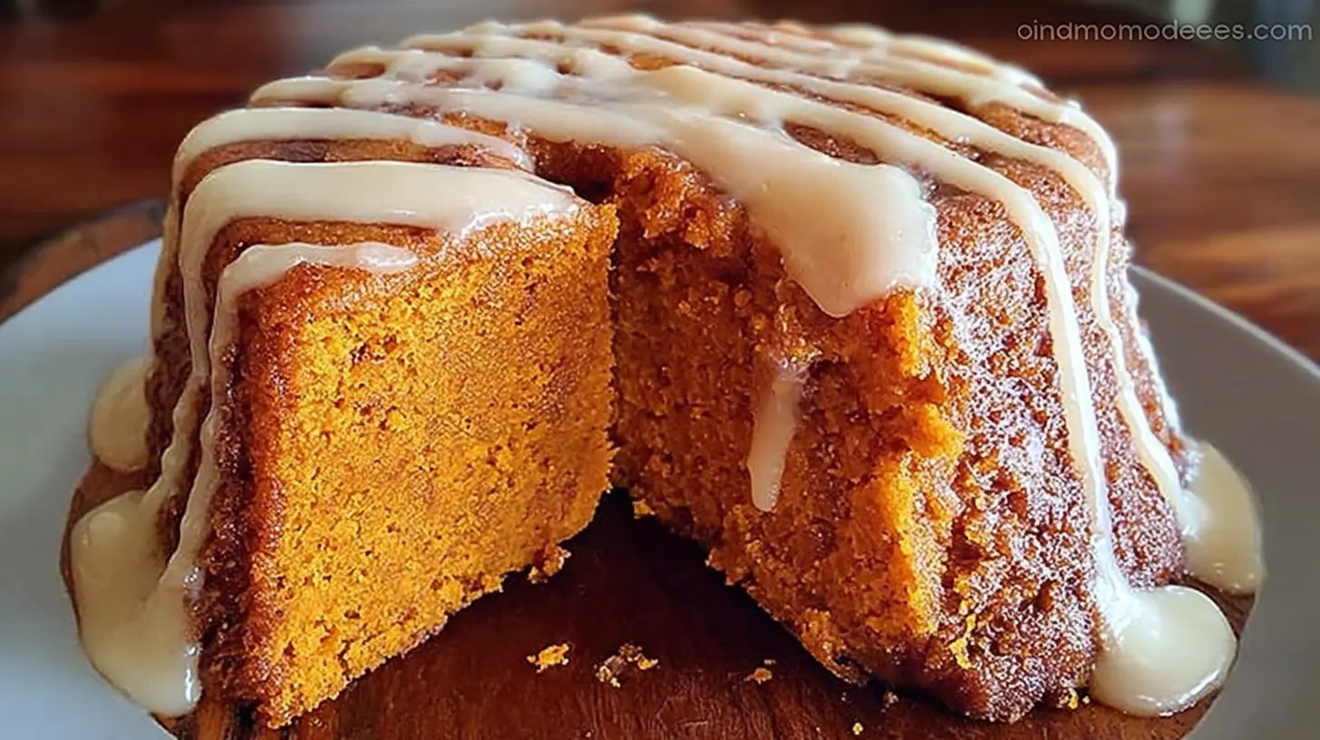 Close-up of a moist sweet potato honeybun cake with icing.