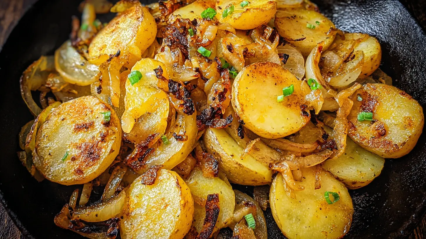 Golden-brown fried potatoes and sliced onions sizzling in oil