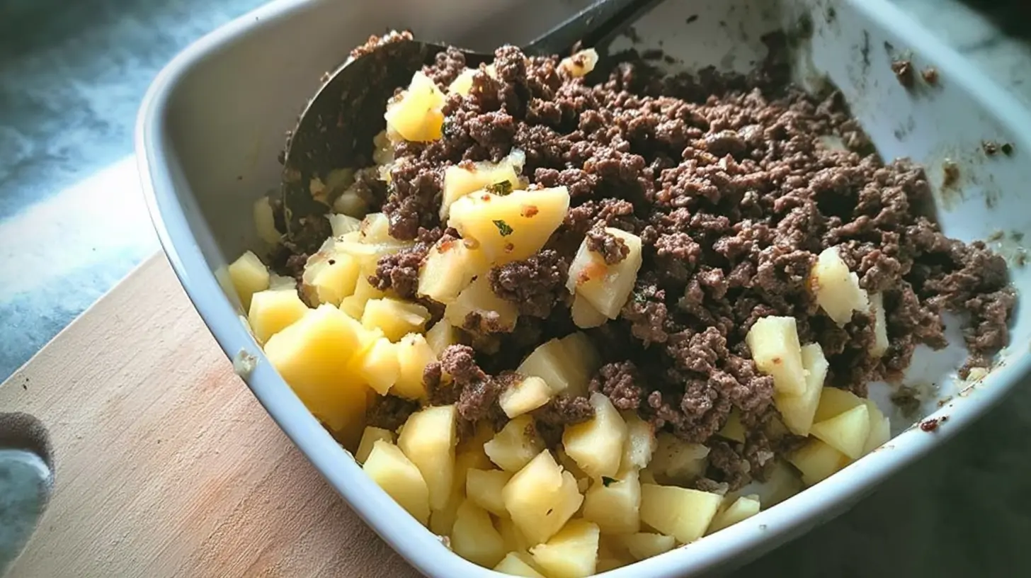 Hearty ground beef and potatoes baked golden brown in a casserole dish.