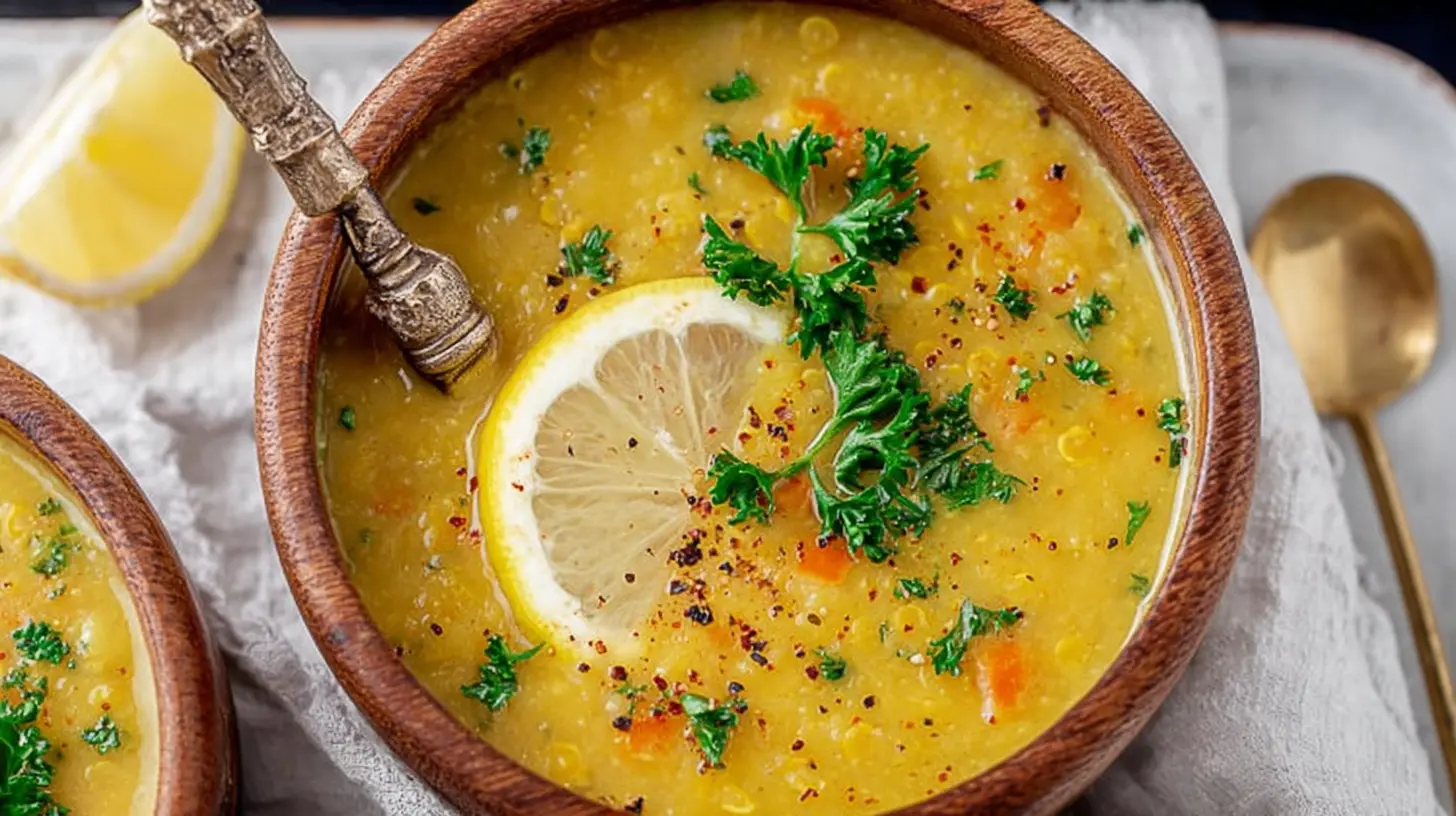 Close-up of a rich, yellow lemon lentil soup in a white bowl