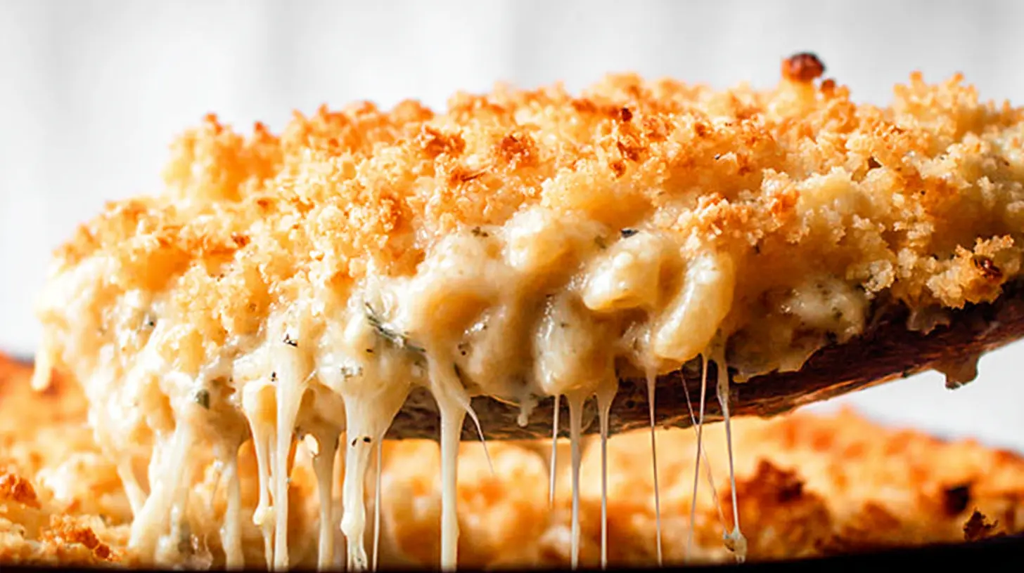 Creamy, golden-brown baked mac and cheese recipe in a serving bowl