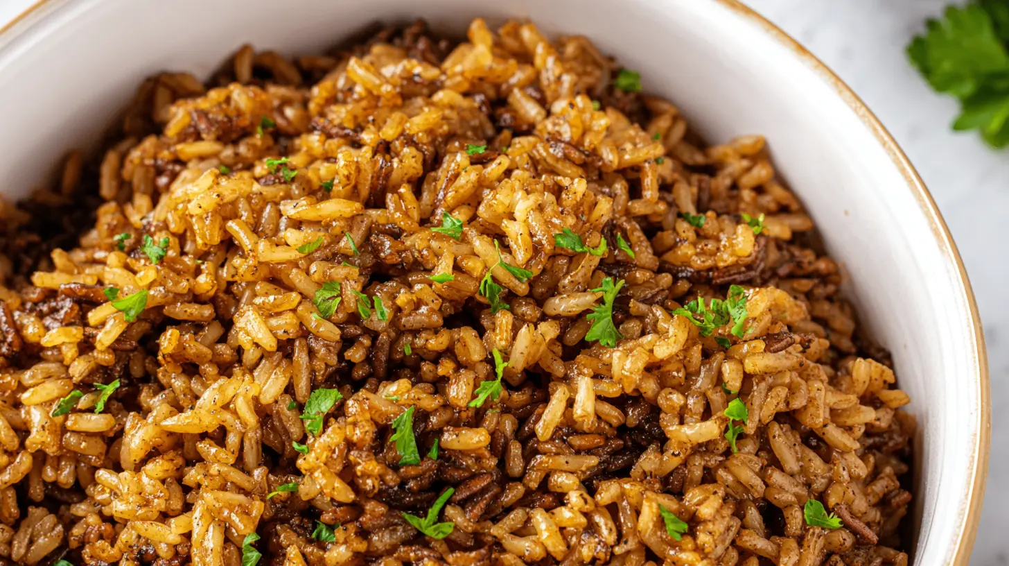 Close-up of a homemade version of Popeyes Cajun rice, featuring savory spices.