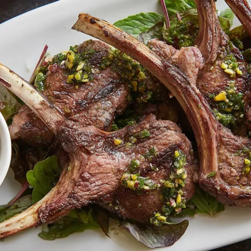Grilled lamb chops served with a vibrant pistachio salsa verde