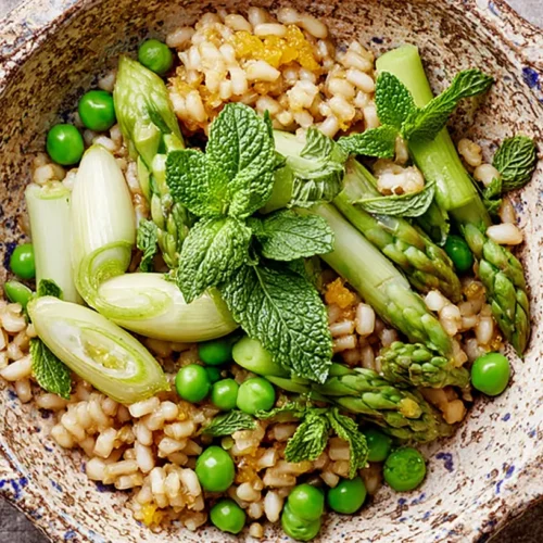 A colorful array of lemony spring vegetables on a platter.