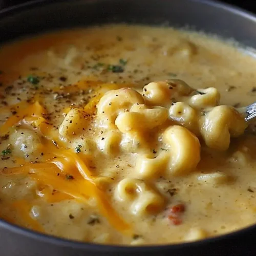A steaming bowl of mac and cheese soup with melted cheese on top