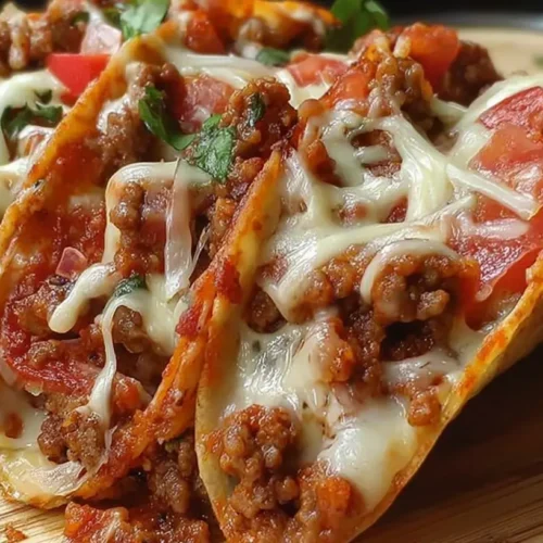 A serving of delicious meat lovers pizza tacos, showcasing various meats and cheese