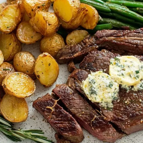 A perfectly pan seared steak with garlic butter, sliced and garnished on a white plate.