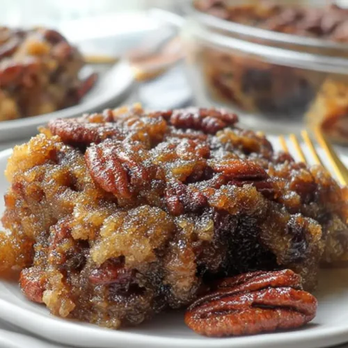 A freshly baked pecan pie dump cake, golden brown and glistening