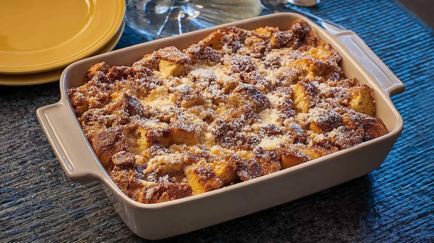 A prepared Overnight French Toast Casserole with bread slices soaking in custard.
