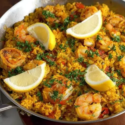 A serving of savory seafood rice with a mix of shrimp, mussels, and vegetables.