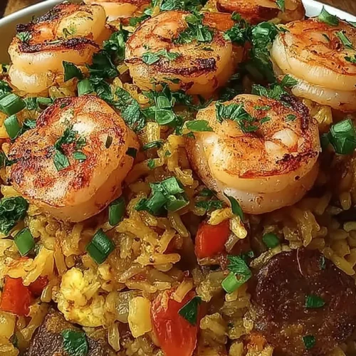 A close-up of a shrimp dirty rice skillet, brimming with colorful vegetables and spices.