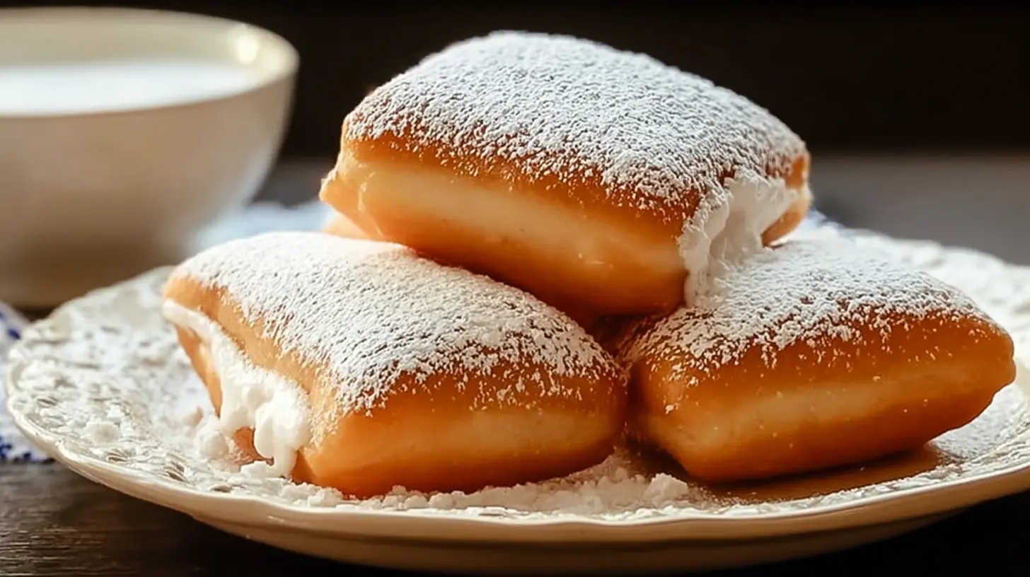 Close-up of golden brown French beignets, lightly coated in vanilla sugar