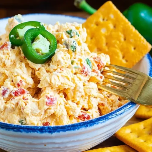 A bowl of spicy jalapeno pimento cheese, ready to serve.