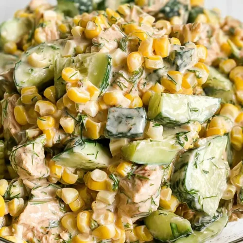 A vibrant street corn creamy cucumber salad in a serving bowl.